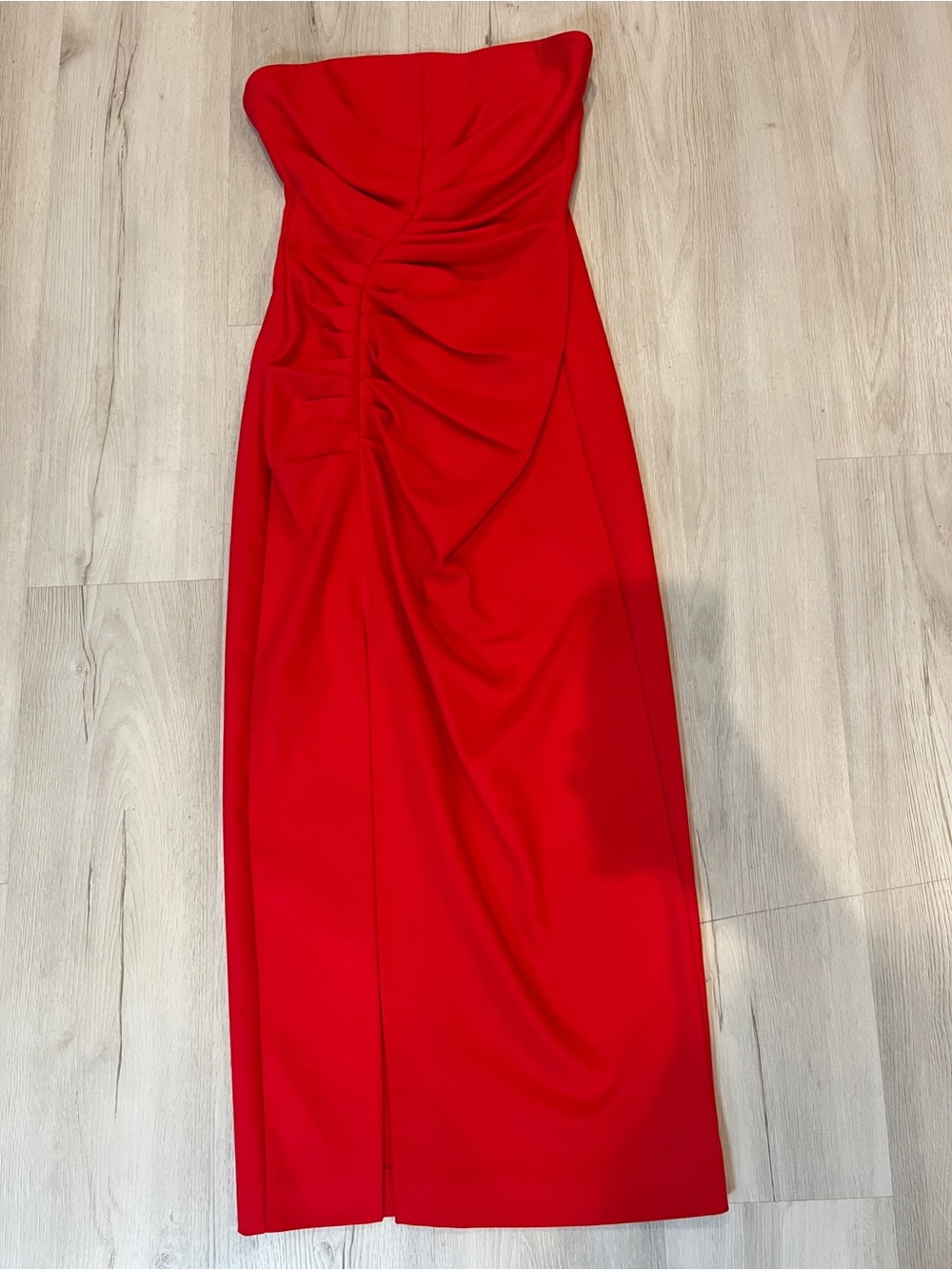 Zara Red Strapless Midi Dress Sz S Ruched Bodycon Front Slit Minimalist Party